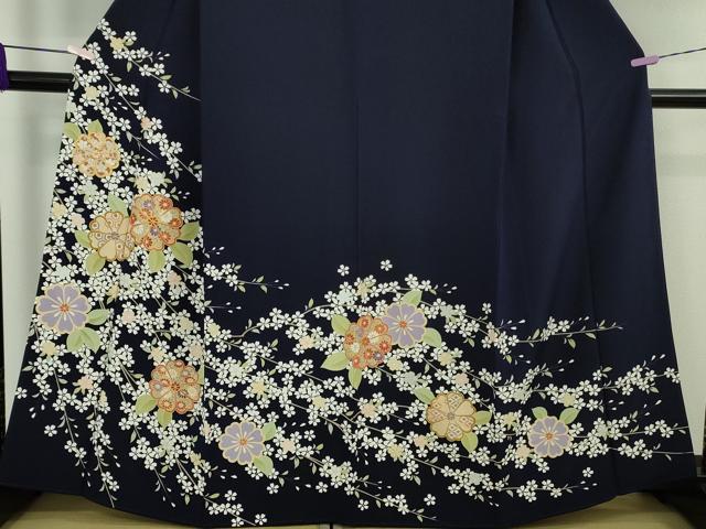 平和屋本店●極上　訪問着　駒刺繍　枝垂れ桜　舞花文　鉄紺色地　金彩　逸品　DZAB9764kh6