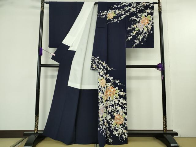 平和屋本店●極上　訪問着　駒刺繍　枝垂れ桜　舞花文　鉄紺色地　金彩　逸品　DZAB9764kh6
