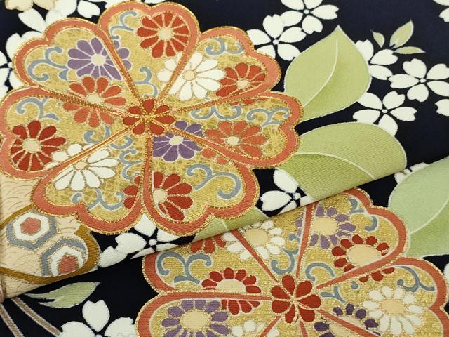 平和屋本店●極上　訪問着　駒刺繍　枝垂れ桜　舞花文　鉄紺色地　金彩　逸品　DZAB9764kh6