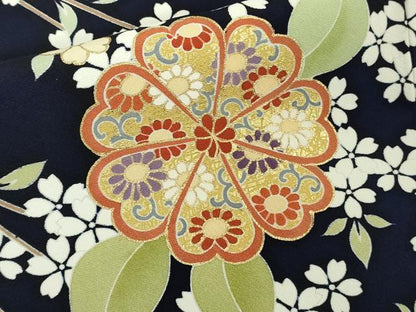 平和屋本店●極上　訪問着　駒刺繍　枝垂れ桜　舞花文　鉄紺色地　金彩　逸品　DZAB9764kh6