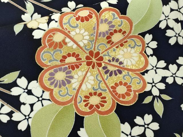 平和屋本店●極上　訪問着　駒刺繍　枝垂れ桜　舞花文　鉄紺色地　金彩　逸品　DZAB9764kh6