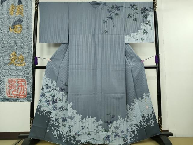 平和屋着物●極上　京友禅の巨匠・頼田勉 臈纈染手描友禅　訪問着　手描き　南天枝葉文　逸品　DZAB9767kh6