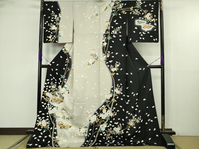平和屋本店●極上　訪問着　駒刺繍　鴛鴦　枝桜　暈し染め　黒地　金彩　ロング丈　逸品　DZAB9772kh6