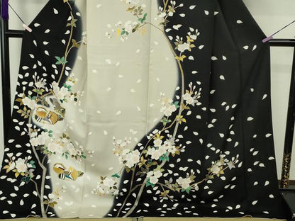 平和屋本店●極上　訪問着　駒刺繍　鴛鴦　枝桜　暈し染め　黒地　金彩　ロング丈　逸品　DZAB9772kh6