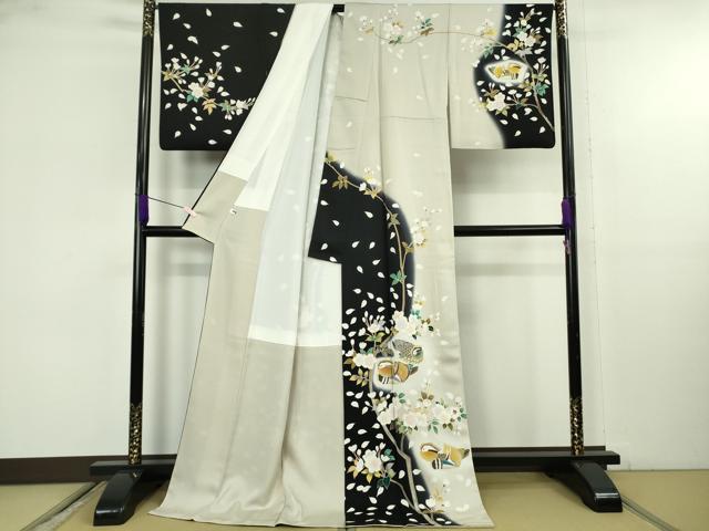 平和屋本店●極上　訪問着　駒刺繍　鴛鴦　枝桜　暈し染め　黒地　金彩　ロング丈　逸品　DZAB9772kh6