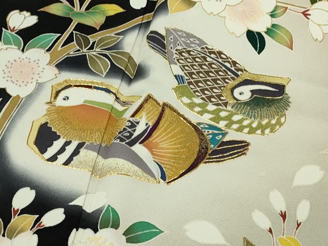 平和屋本店●極上　訪問着　駒刺繍　鴛鴦　枝桜　暈し染め　黒地　金彩　ロング丈　逸品　DZAB9772kh6