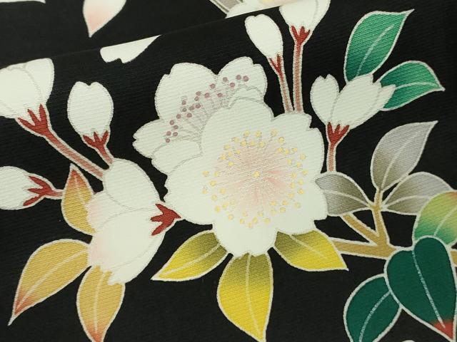 平和屋本店●極上　訪問着　駒刺繍　鴛鴦　枝桜　暈し染め　黒地　金彩　ロング丈　逸品　DZAB9772kh6