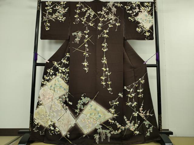 平和屋本店●極上　訪問着　竹垣吉祥花文　黒紅色地　暈し染め　逸品　未使用　DZAB9774kh6