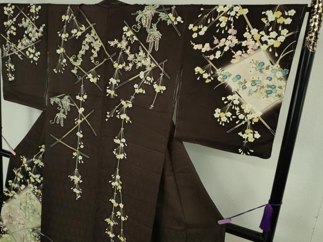 平和屋本店●極上　訪問着　竹垣吉祥花文　黒紅色地　暈し染め　逸品　未使用　DZAB9774kh6