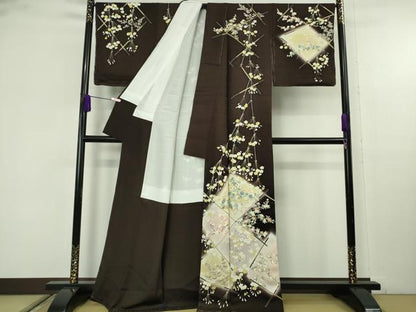 平和屋本店●極上　訪問着　竹垣吉祥花文　黒紅色地　暈し染め　逸品　未使用　DZAB9774kh6