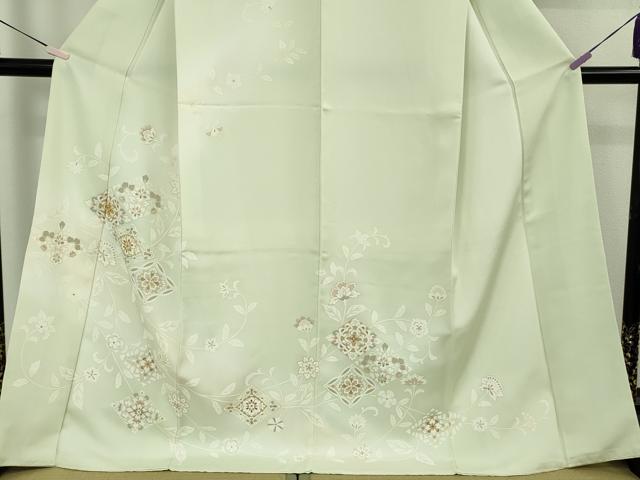 平和屋本店●極上　訪問着　駒刺繍　花菱　更紗花唐草文　若芽色地　暈し染め　金彩　ロング丈　反端付き　逸品　DZAB9776kh6