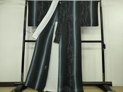 平和屋着物▽極上　小紋　単衣　枝花間道　暈し染め　黒地　逸品　未使用　DZAB9780kh6
