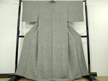 平和屋本店●極上　和染紅型　栗山紅型　栗山吉三郎　小紋　舞桜　桔梗鼠色地　鬼しぼ縮緬　逸品　未使用　DZAB9781kh6
