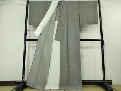 平和屋着物▽極上　江戸小紋　伝統工芸伊勢型写　単衣　五役　万筋　黒×絹鼠色　反端付き　逸品　未使用　DZAB9789kh6