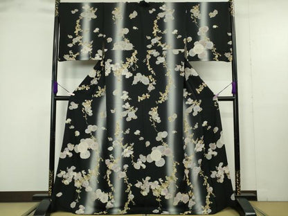 平和屋本店●極上　中国三大刺繍　相良刺繍　小紋　枝菊　黒地　暈し染め　逸品　DZAB9793kh6