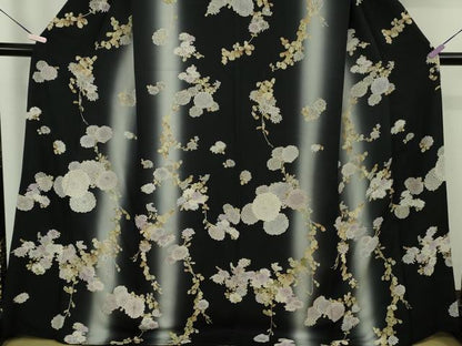 平和屋本店●極上　中国三大刺繍　相良刺繍　小紋　枝菊　黒地　暈し染め　逸品　DZAB9793kh6