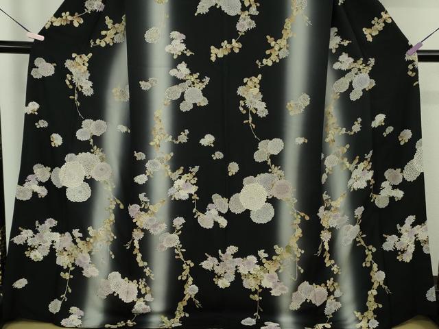 平和屋本店●極上　中国三大刺繍　相良刺繍　小紋　枝菊　黒地　暈し染め　逸品　DZAB9793kh6