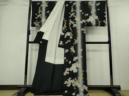 平和屋本店●極上　中国三大刺繍　相良刺繍　小紋　枝菊　黒地　暈し染め　逸品　DZAB9793kh6