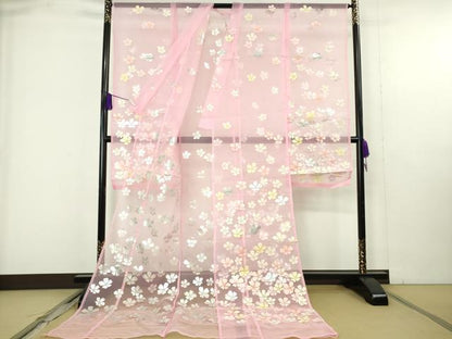 平和屋本店＊極上　夏物　お引きずり・お引き摺り・引き振袖　オーガンジー　舞花文　銀彩　逸品　DZAB9796kh6