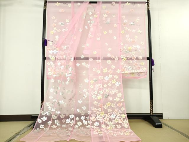 平和屋本店＊極上　夏物　お引きずり・お引き摺り・引き振袖　オーガンジー　舞花文　銀彩　逸品　DZAB9796kh6