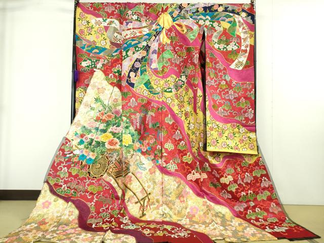 平和屋本店●極上 中国三大刺繍 相良刺繍 総刺繍 絽刺し 色打掛 和装 婚礼 結婚式 花嫁 束ね熨斗花文 金糸 仮絵羽 逸品 未使用 DZAB9799kh6