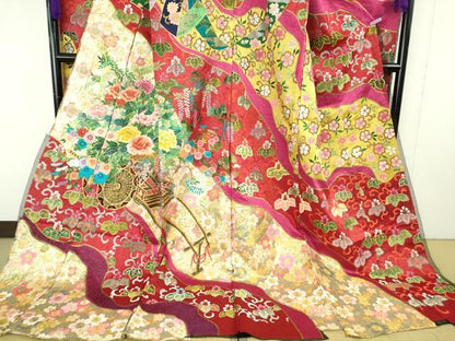 平和屋本店●極上 中国三大刺繍 相良刺繍 総刺繍 絽刺し 色打掛 和装 婚礼 結婚式 花嫁 束ね熨斗花文 金糸 仮絵羽 逸品 未使用 DZAB9799kh6