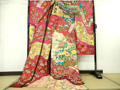 平和屋本店●極上 中国三大刺繍 相良刺繍 総刺繍 絽刺し 色打掛 和装 婚礼 結婚式 花嫁 束ね熨斗花文 金糸 仮絵羽 逸品 未使用 DZAB9799kh6