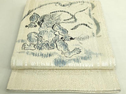 平和屋着物●極上　両面　太鼓柄袋帯　手描き　雷神　藍　金糸　逸品　DZAB9853kh6