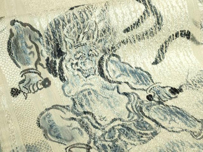 平和屋着物●極上　両面　太鼓柄袋帯　手描き　雷神　藍　金糸　逸品　DZAB9853kh6