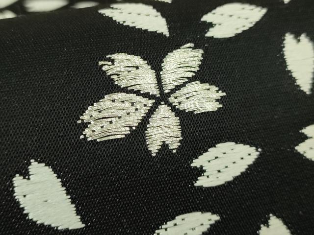 平和屋着物●極上　九寸名古屋帯　唐織　舞桜　黒地　銀糸　逸品　DZAB9896kh6