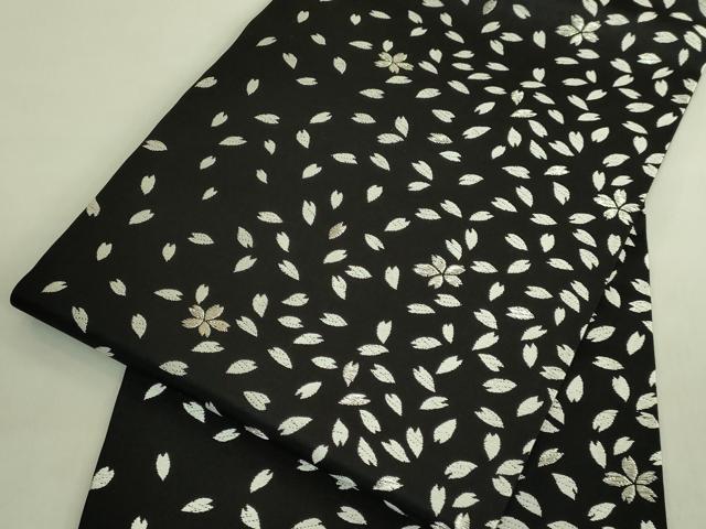 平和屋着物●極上　九寸名古屋帯　唐織　舞桜　黒地　銀糸　逸品　DZAB9896kh6