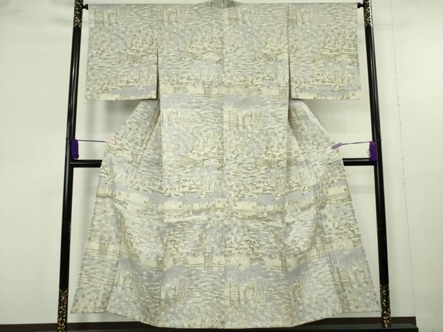 平和屋着物▽極上　染織の名門　しょうざん  生紬　単衣　風景花文　反端付き　逸品　未使用　DZAB9909kh6
