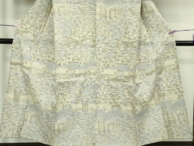 平和屋着物▽極上　染織の名門　しょうざん  生紬　単衣　風景花文　反端付き　逸品　未使用　DZAB9909kh6