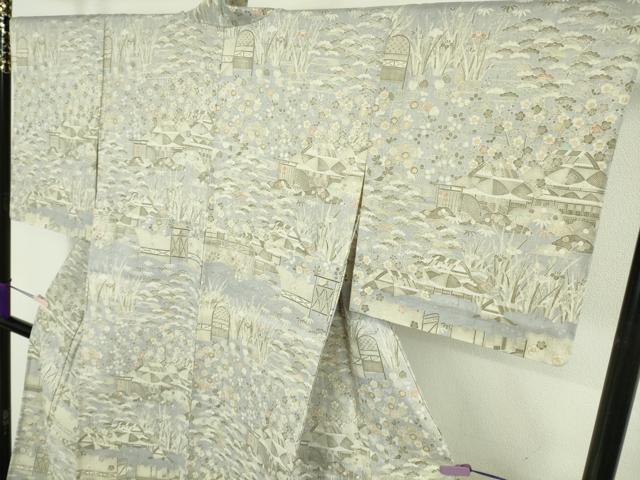 平和屋着物▽極上　染織の名門　しょうざん  生紬　単衣　風景花文　反端付き　逸品　未使用　DZAB9909kh6
