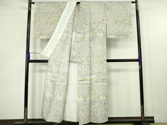 平和屋着物▽極上　染織の名門　しょうざん  生紬　単衣　風景花文　反端付き　逸品　未使用　DZAB9909kh6