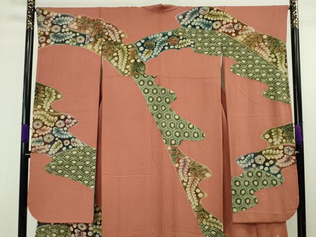 平和屋着物●極上　樋熊哲也　訪問着　辻が花　絞り　手描き　振袖　檜皮色地　逸品　DZAB9930kh6