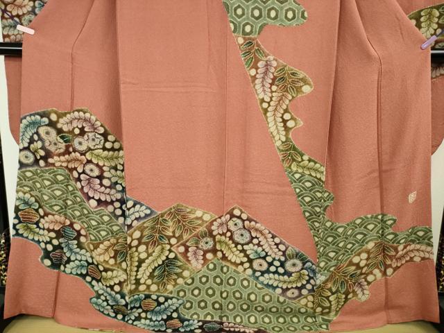 平和屋着物●極上　樋熊哲也　訪問着　辻が花　絞り　手描き　振袖　檜皮色地　逸品　DZAB9930kh6