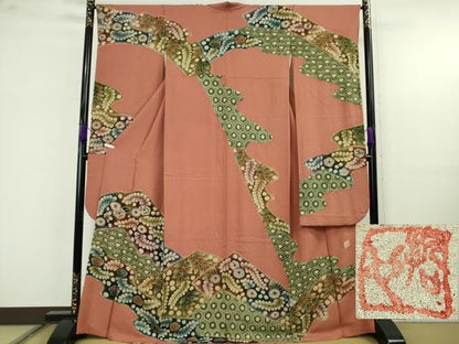平和屋着物●極上　樋熊哲也　訪問着　辻が花　絞り　手描き　振袖　檜皮色地　逸品　DZAB9930kh6