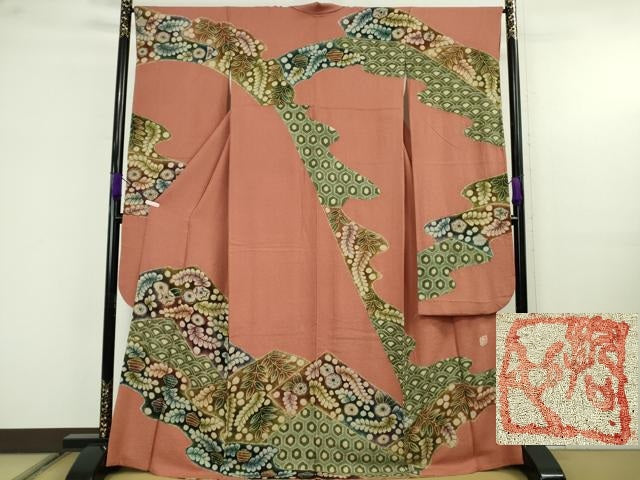 平和屋着物●極上　樋熊哲也　訪問着　辻が花　絞り　手描き　振袖　檜皮色地　逸品　DZAB9930kh6