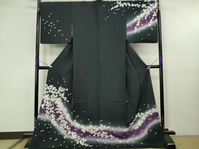 平和屋本店●極上　訪問着　総手刺繍　舞桜　濃紺地　暈し染め　京都きもの友禅扱い　反端付き　ロング丈　逸品　未使用　DZAB9933kh6