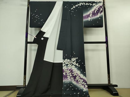 平和屋本店●極上　訪問着　総手刺繍　舞桜　濃紺地　暈し染め　京都きもの友禅扱い　反端付き　ロング丈　逸品　未使用　DZAB9933kh6