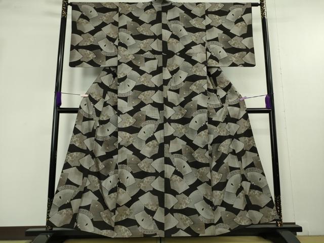 平和屋本店●極上　本場大島紬　12マルキ　地紙重ね　黒地　逸品　DZAB9952kh6