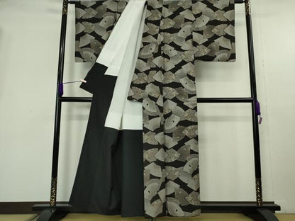 平和屋本店●極上　本場大島紬　12マルキ　地紙重ね　黒地　逸品　DZAB9952kh6