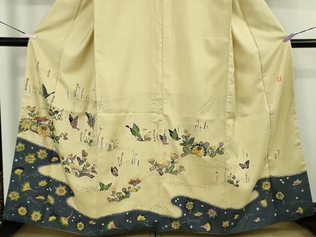 平和屋着物●極上　ファッションデザイナー 花井幸子　訪問着　紬地　刺繍　型染　舞蝶花文　蒸栗色地　逸品　DZAB9954kh6
