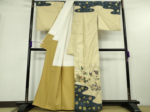 平和屋着物●極上　ファッションデザイナー 花井幸子　訪問着　紬地　刺繍　型染　舞蝶花文　蒸栗色地　逸品　DZAB9954kh6