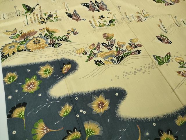 平和屋着物●極上　ファッションデザイナー 花井幸子　訪問着　紬地　刺繍　型染　舞蝶花文　蒸栗色地　逸品　DZAB9954kh6