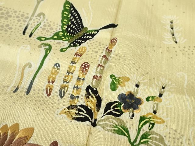 平和屋着物●極上　ファッションデザイナー 花井幸子　訪問着　紬地　刺繍　型染　舞蝶花文　蒸栗色地　逸品　DZAB9954kh6
