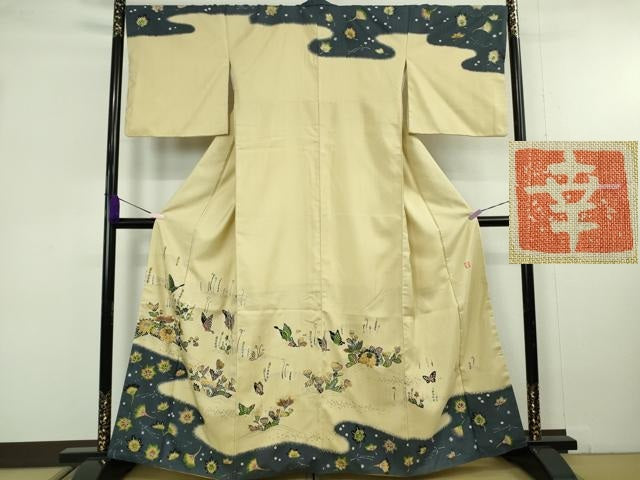 平和屋着物●極上　ファッションデザイナー 花井幸子　訪問着　紬地　刺繍　型染　舞蝶花文　蒸栗色地　逸品　DZAB9954kh6