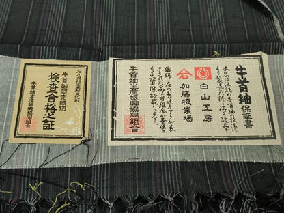 平和屋本店●極上　石川県指定無形文化財　牛首紬　白山工房　手織り　縞　証紙付き　逸品　DZAB9975kh6