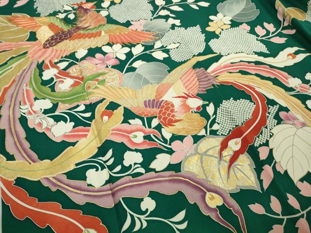 平和屋本店●極上　創業460年・千總　振袖・長襦袢(無双仕立て)セット　駒刺繍　鳳凰桐花文　鉄色地　金彩　逸品　DZAB9986kh6